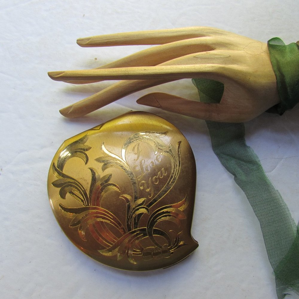Vintage Elgin American Compact I Love You Gold Tone